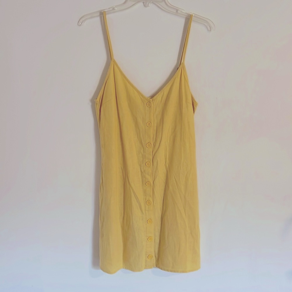 Yellow 100% linen spaghetti strap tank dress with buttons